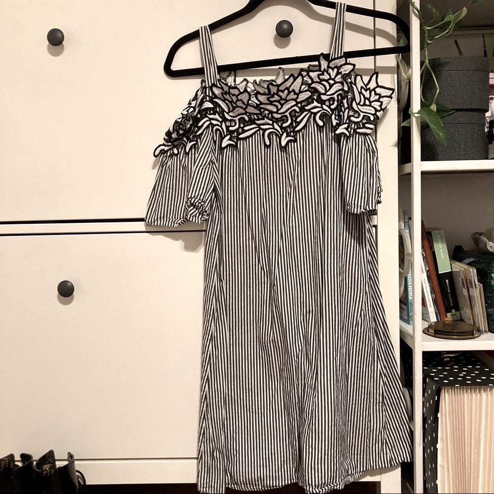 Off the Shoulder Striped Dress with Lace Trim